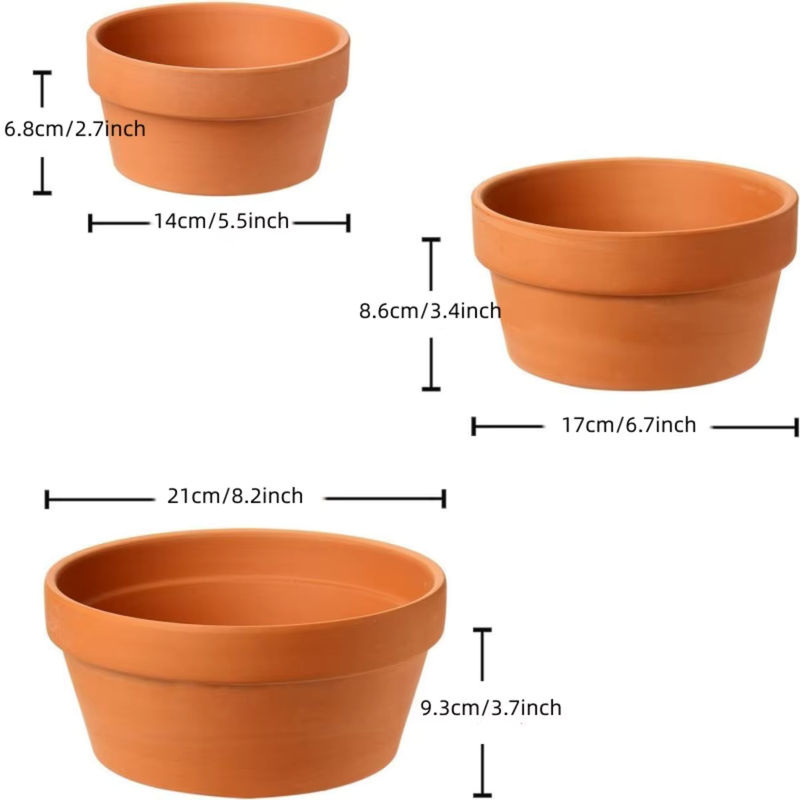 Set aus 3 flachen Terrakotta-Blumentöpfen aus Ton mit Drainageloch, Farbe: Braun - Bild 2