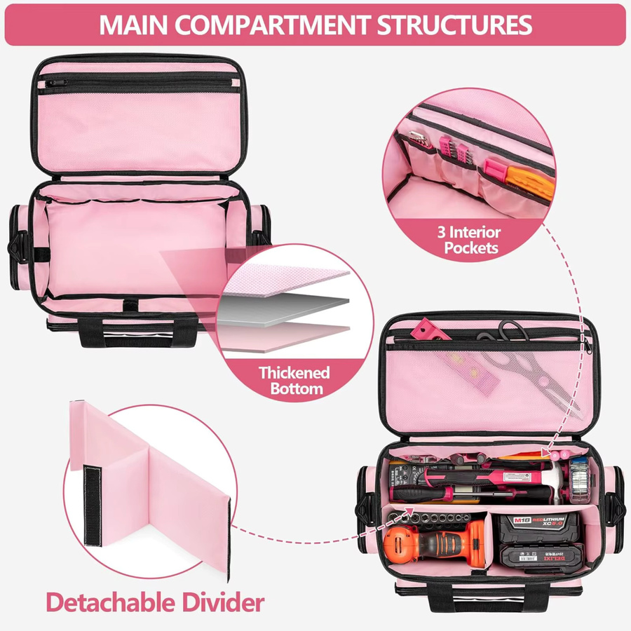 WIDEEP Werkzeugtasche für Damen in Pink mit Anti-Reibungs-Boden, Aufbewahrungsorganisator für Elektriker, Tischler und Handwerker, B/T/H: 32,5 x 18,3 x 18,0 cm - Bild 2
