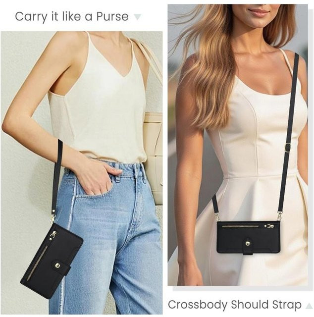 Crossbody Lanyard Leder Geldbörse mit Reißverschluss und Kartenfach als Handyhülle für Samsung Galaxy S25 Edge S24 Ultra S23 Plus S22 S21 FE - Bild 1