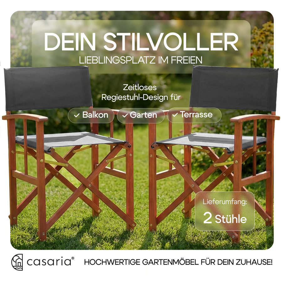 CASARIA Regiestuhl 2er-Set Anthrazit aus FSC-zertifiziertem Eukalyptusholz mit Armlehnen und UV-beständigem Polyester - Bild 2