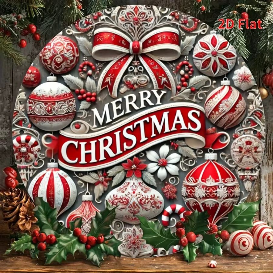 HELLOYOUNG Rundes Metallblechschild Frohe Weihnachten mit Zuckerstangen-Kranz-Design zur Weihnachtsdekoration für drinnen und draußen, Durchmesser: 20 cm - Bild 3