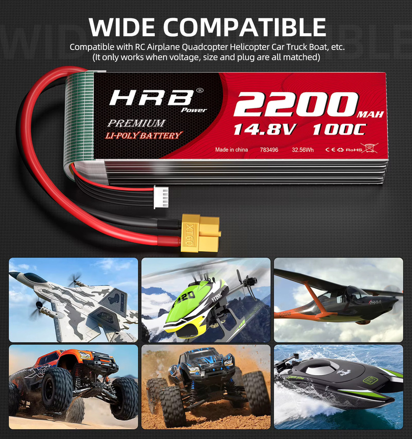 HRB Power LiPo Batterie 14,8 V 4S 2200 mAh 100C mit XT60 Anschluss für RC Quadcopter, Hubschrauber, Boot, Auto und Flugzeug - Bild 5