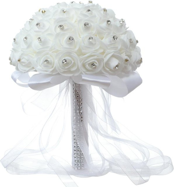 Künstlicher weißer Brautstrauß aus Rosen mit Kristallperlen von CosyHome für Hochzeit und Verlobung, B/H/T: 25,0 x 28,0 x 25,0 cm - Bild 1