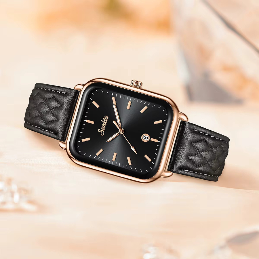 SUNKTA Armbanduhr Damen, Quarz, Leder, Roségold, Eckig, Schwarz - Bild 5