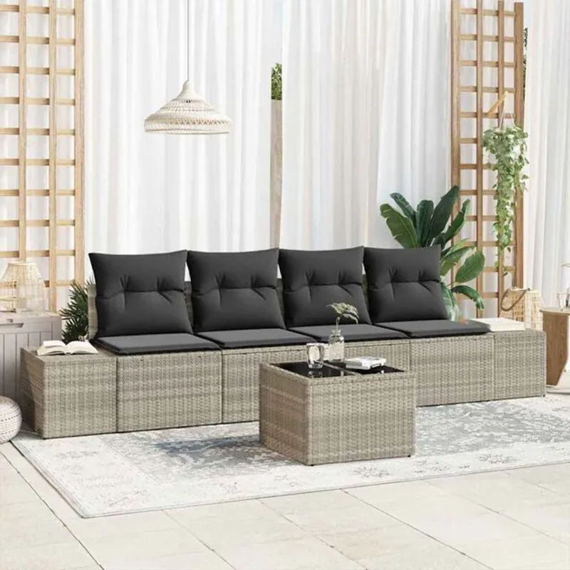 Vidaxl Garten-Sofa-Set aus Polyrattan mit Kissen in Hellgrau, 5-teiliges Loungemöbel-Set, B/T/H: 55 x 55 x 37 cm - Bild 1