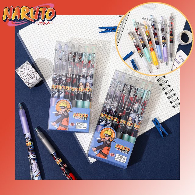 Bandai Naruto Anime Gel-Stifte im 6er-Set, Kugelschreiber mit 0,5 mm Spitze, Schwarz, Schreibwaren für Schule und Studium - Bild 1