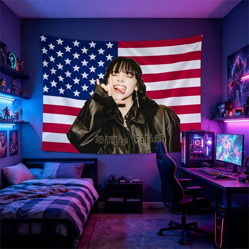 VIKAMA Billie Eilish Wandteppich im Hip-Hop-Stil mit amerikanischer Flagge, Wandbehang in Multicolour, B: 60 cm, H: 40 cm - Bild 2