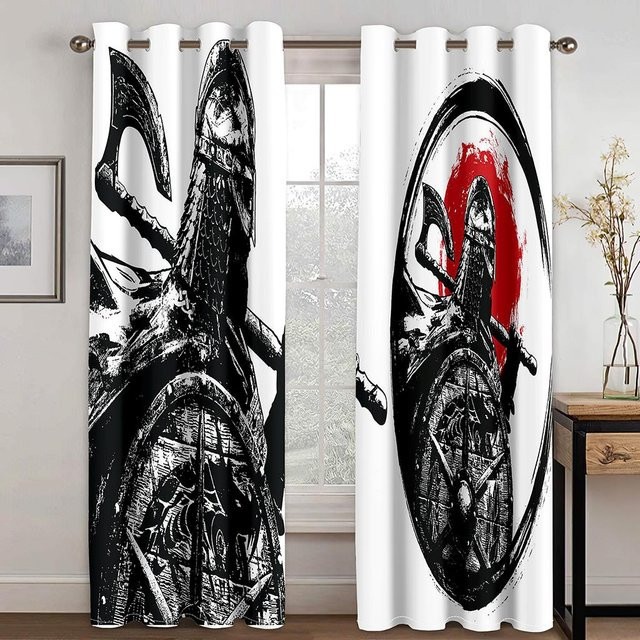 Yiran Furniture Japanisches Fuji Samurai Ronin Vorhang Set mit Sonnenmotiv in Schwarz, 2 Paneele, semi-transparent, B/H: 100 x 130 cm - Bild 1
