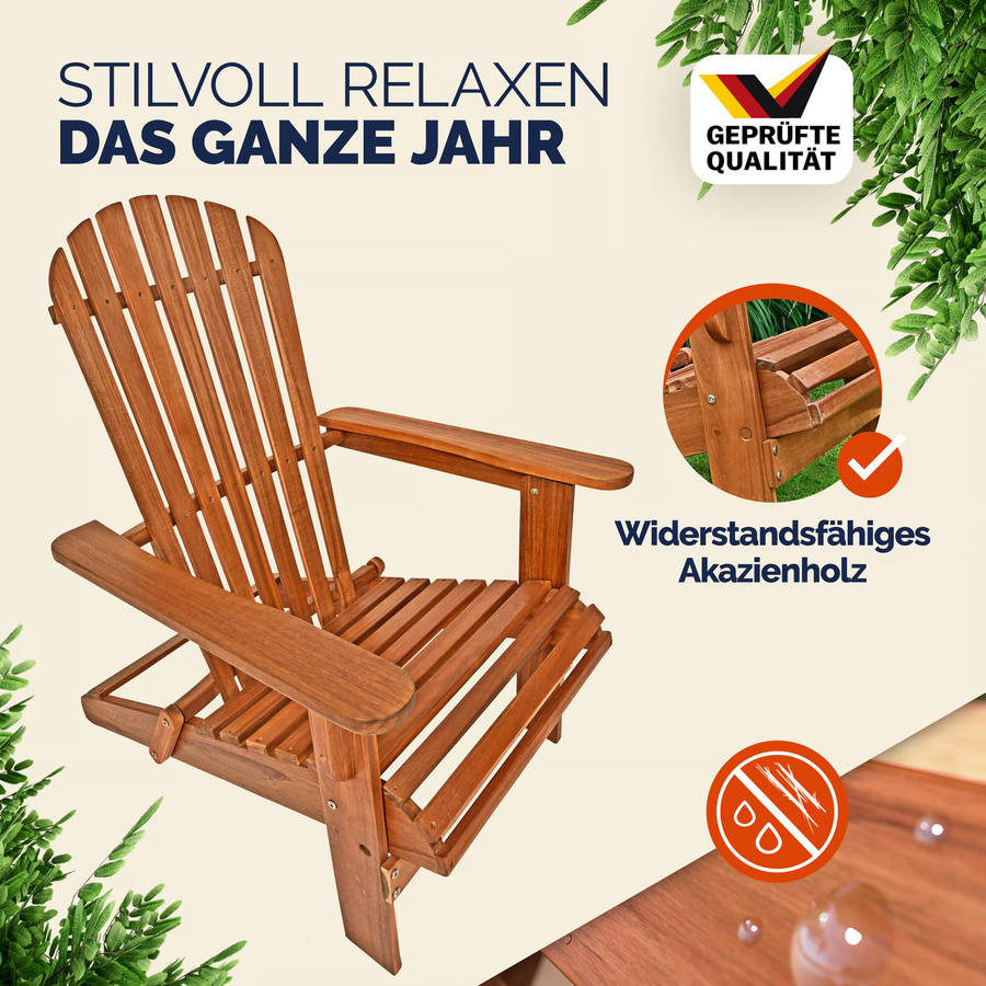 CASARIA Adirondack Liegestuhl aus Akazienholz klappbar, Braun - Bild 2