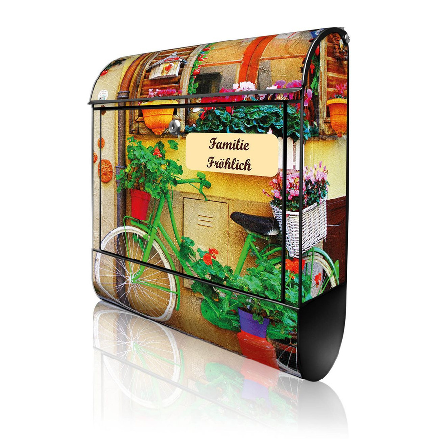 banjado Wandbriefkasten Schwarz mit Motiv Grünes Fahrrad und Zeitungsfach, B/T/H: 38 x 13 x 47 cm - Bild 1