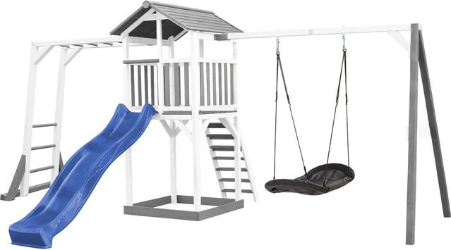 AXI Beach Tower Spielturm aus Hemlockholz mit Klettergerüst, Roxy Nestschaukel, blauer Rutsche und Sandkasten in Grau-Weiß - Bild 1