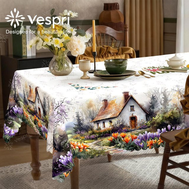 Vespri Oster-Tischdecke mit Frühlings-Blumenmuster in Pastellweiß und Lila aus Polyester - Bild 1