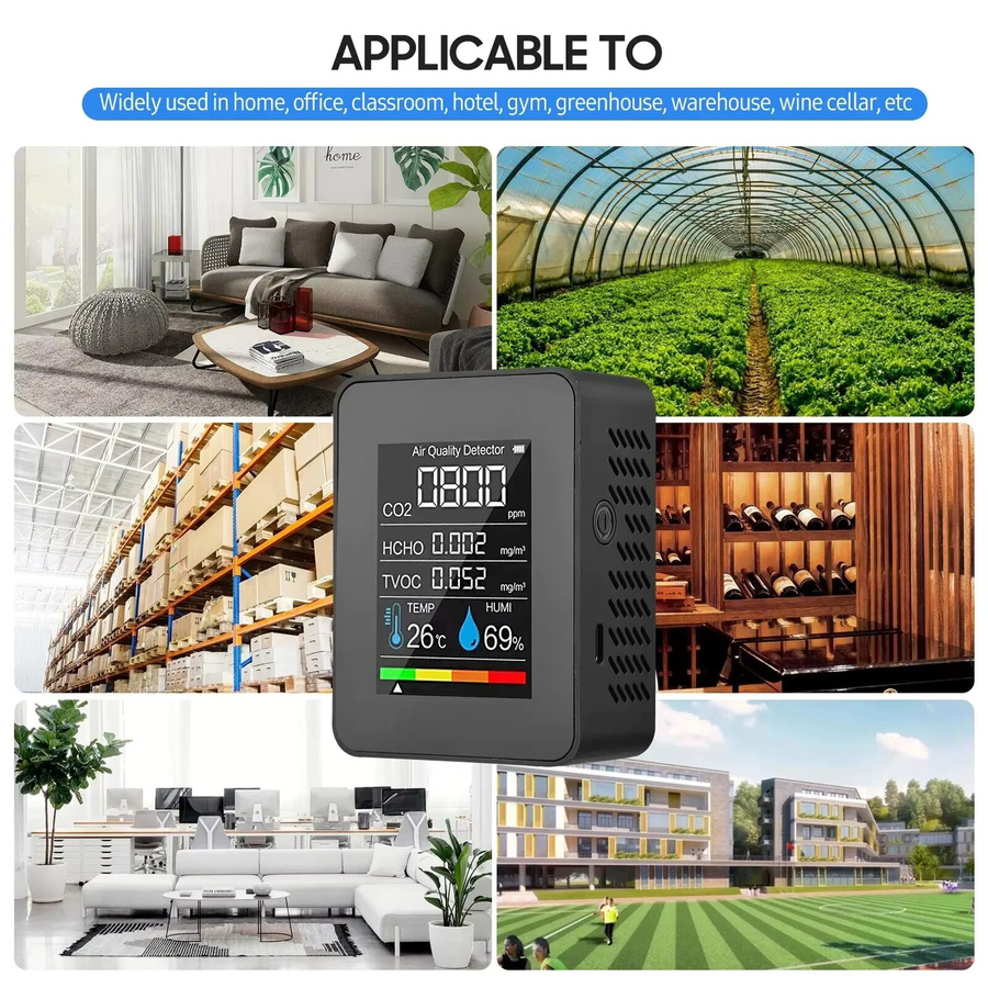 HOMEFISH 5-in-1 Luftqualitätsmonitor in Schwarz: Digitales Messgerät für Temperatur, Feuchtigkeit, CO2, TVOC und HCHO - Bild 4