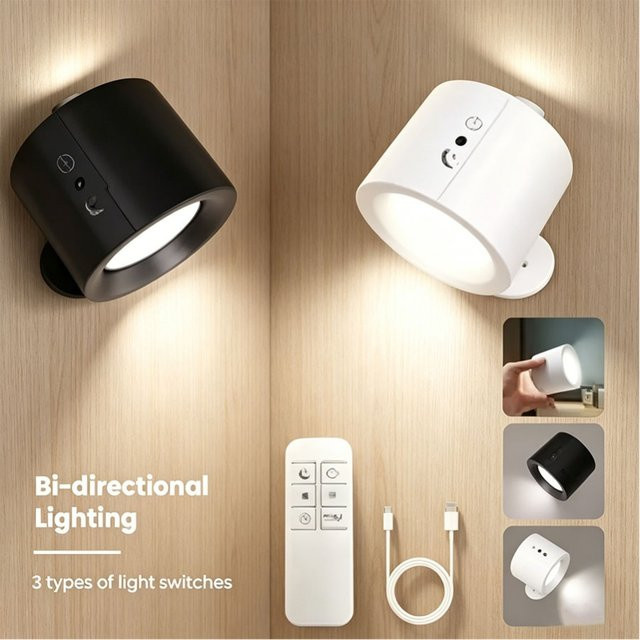 GGBEE Wiederaufladbare LED-Wandleuchte in Schwarz mit Touch-Steuerung, Fernbedienung und dimmbarer Doppelkopf-Spotlight-Funktion für warmweißes Licht im Schlafzimmer - Bild 1