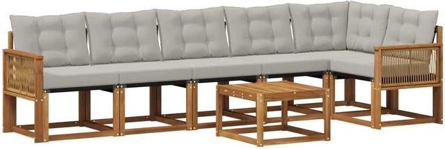 vidaXL Outdoor-Sofagarnitur L-Form aus Akazienholz mit Textilene und Kissen, 7-teilig, Braun und Grau - Bild 1