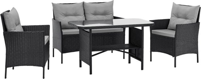 Svita Dallas Rattan-Lounge Sitzgruppe Outdoor Essgruppe Gartenmöbel-Set aus PE-Rattan und pulverbeschichtetem Stahl in Schwarz - Bild 1