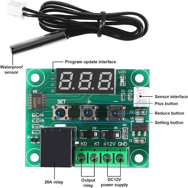 Topfactory W1209 Digitaler Thermostat Temperaturregelschalter mit Sensor und Gehäuse in Grün, 12V, -50-110°C - Bild 1