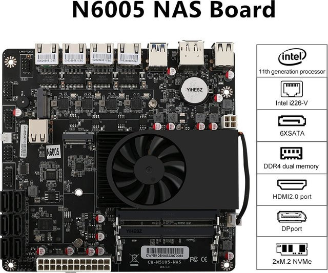 YiHESZ N6005 Industrie-Motherboard für NAS mit 4 Kernen, 4 Threads, 4x 2.5G i226 Netzwerk, 2x M.2 NVMe und 6x SATA in Schwarz - Bild 1