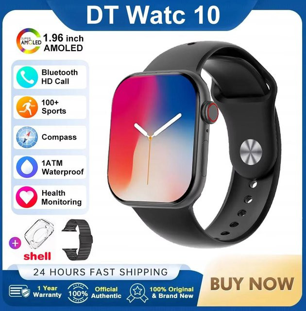 DT Watch 10 Smartwatch von QLY Online in Schwarz mit 16GB Speicher, 3D-Menü, TWS Kopfhörer und Videowiedergabe für Herren und Damen - Bild 1