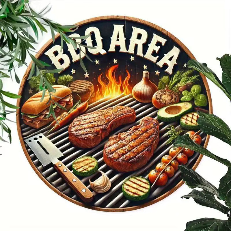 CIFBUY Rustikales BBQ Wandkunstwerk aus Aluminium, rundes Metallschild in Multicolour für Küche, Garten und Café - Bild 2