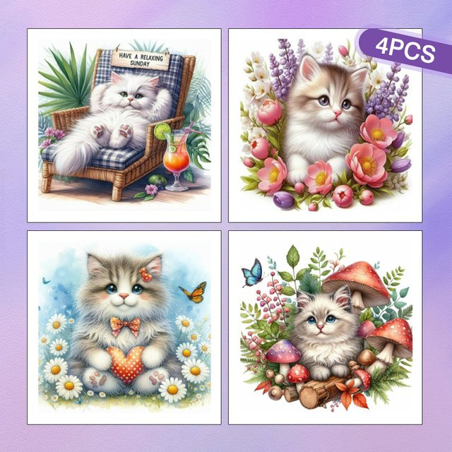 HUACAN 4er Set Diamantmalerei Katze und Blumen Mosaik-Tier-Bild mit runden Bohrern in Mehrfarbig, B/H: 20 x 20 cm - Bild 1