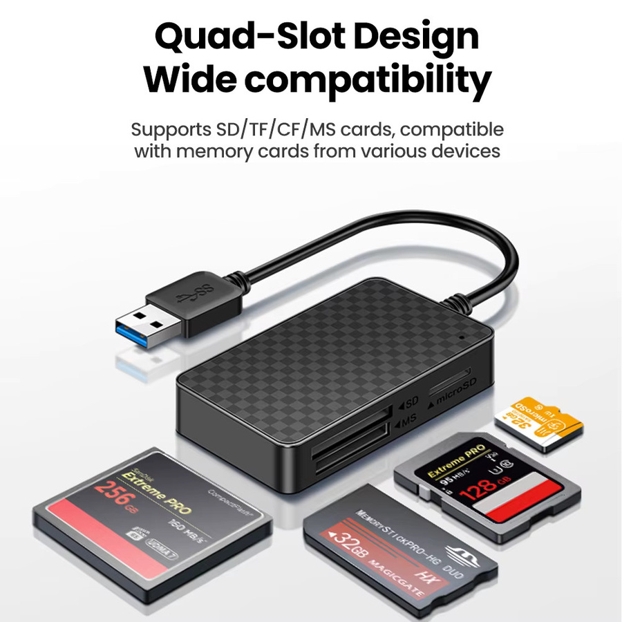elough 4-in-1 USB 3.0 Multifunktions-Kartenleser für SD TF CF MS Karten in Schwarz mit USB-A Anschluss - Bild 3