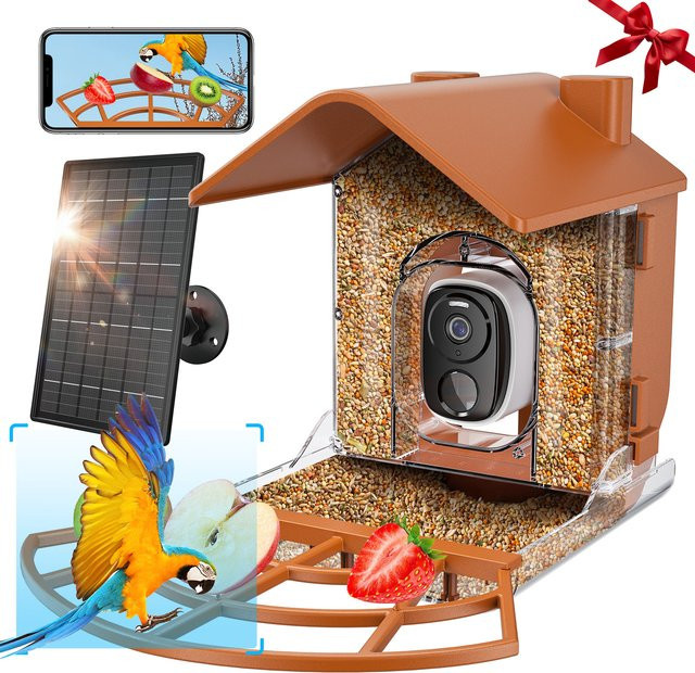 Jugacool Smart Vogelfutterstation mit HD AI Kamera, solarbetriebene Wildvogelbeobachtungskamera für den Außenbereich in Grau mit Wi-Fi - Bild 1