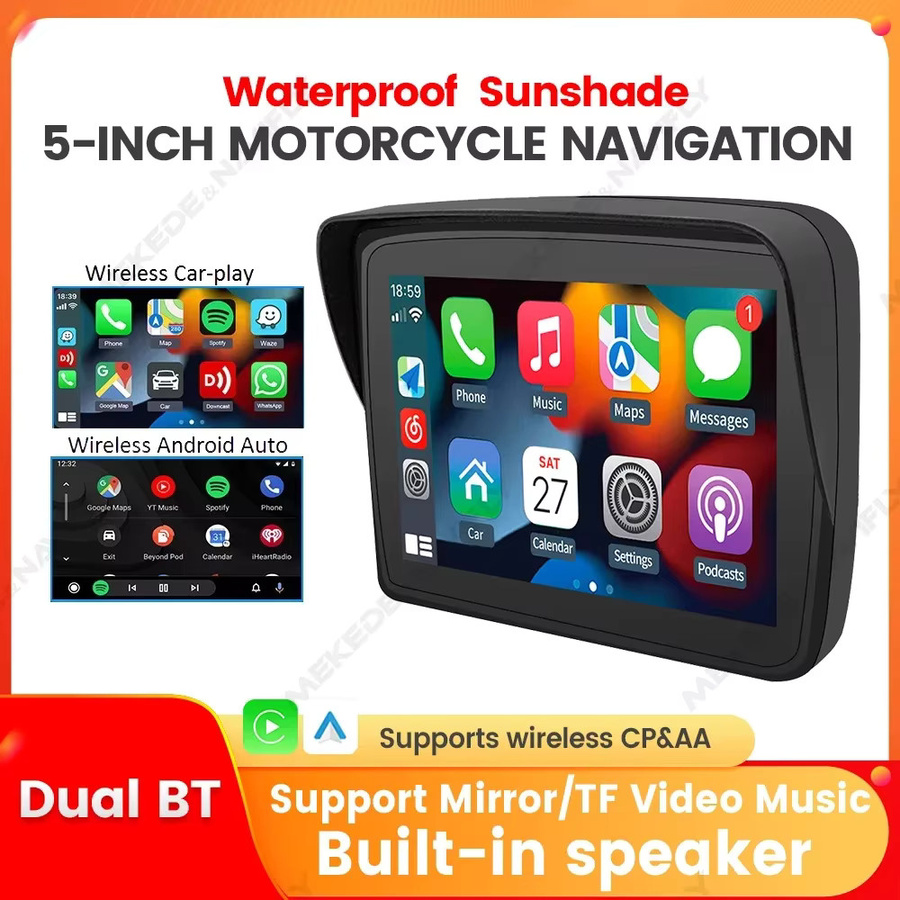 STRONGNAVI Motorrad GPS Navigation 5 Zoll mit Sonnenschirm, IPX7 Wasserdicht, Drahtloses CarPlay und Android Auto, Bluetooth und WiFi, Schwarz - Bild 2