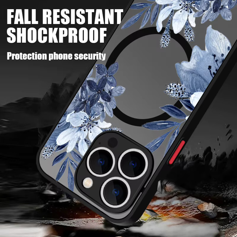 Magnetische Handyhülle mit buntem Blumenmuster für Apple iPhone 16 15 14 13 12 Pro Max Plus – Stoßfeste matte Acryl Abdeckung in Multicolour - Bild 1