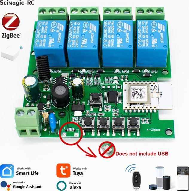 Scimagic-RC 4CH Zigbee Smart Switch Modul in Grün mit App-Fernbedienung und RF-Empfänger für Alexa und Google Home, 10A Smart Relais für 12V, 24V und 85-250V - Bild 1