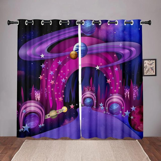 Yiran Furniture Verdunkelungsvorhang mit Cartoon Weltraum Planet Universum Muster, Mehrfarbig, B: 55 cm, H: 120 cm, 2er-Set mit Ösen - Bild 1