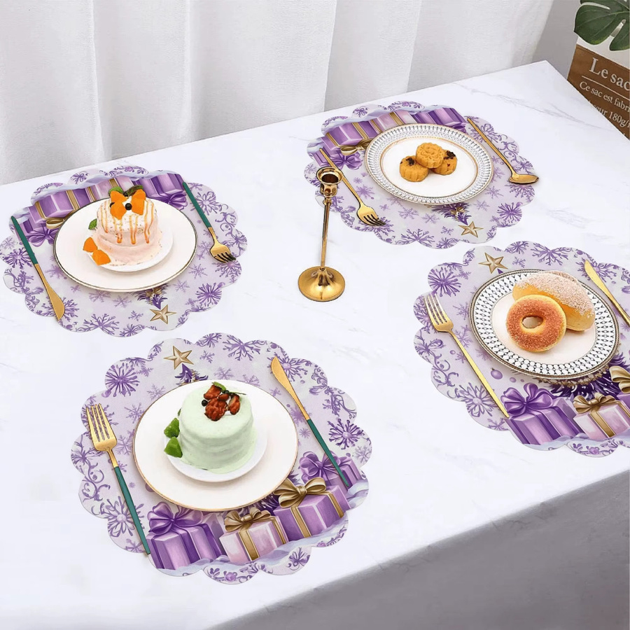VIKAMA 4er-Set Weihnachts-Tischsets aus Leinen in Lila mit Goldener Schleife für deine Weihnachtsdekoration - Bild 3