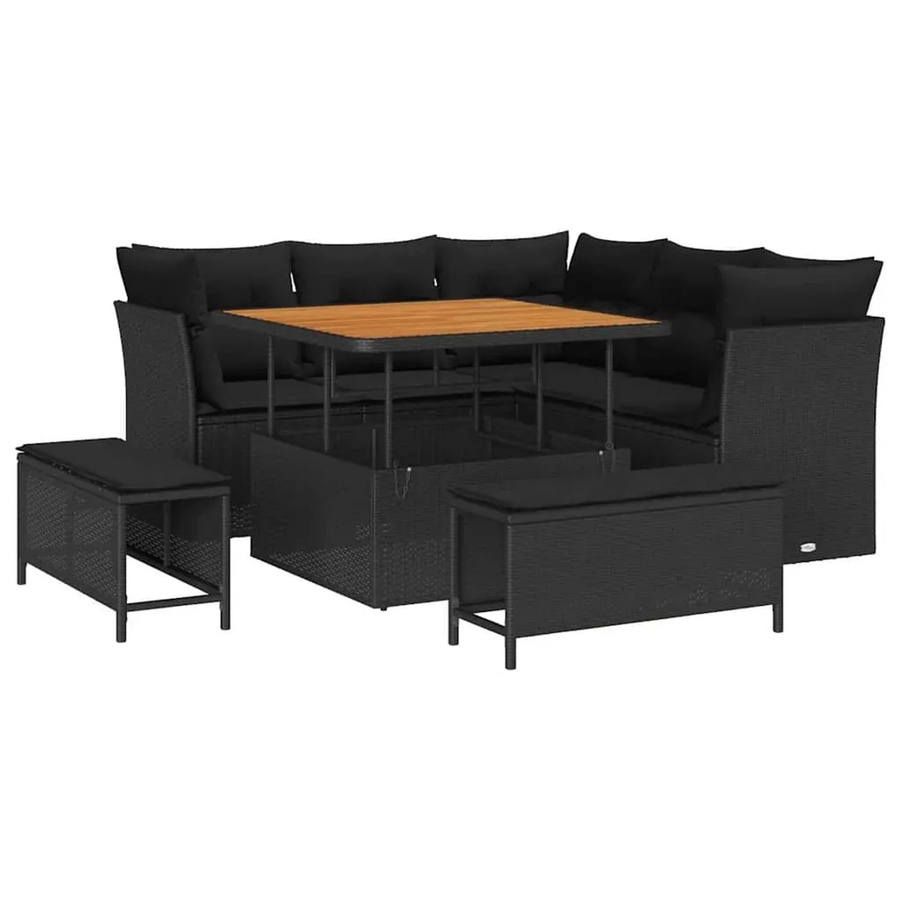 vidaXL 8-teiliges Garten-Sofa-Set aus Polyrattan und Akazie in Schwarz mit Kissen und abnehmbaren Bezügen - Bild 2
