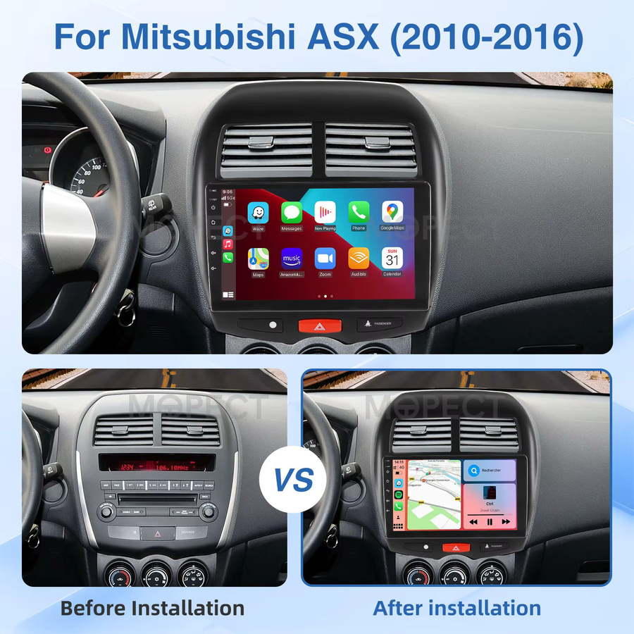 MOPECT 10-Zoll Autoradio für Mitsubishi ASX 2010-2016 mit 4+64GB, kabelloses CarPlay, GPS-Navigation, Bluetooth, DVR und Kamera, Schwarz - Bild 2