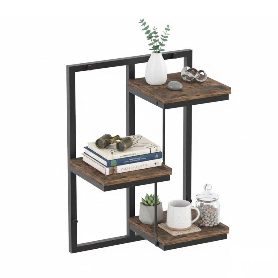 Relaxdays Wandregal im Industrial-Design aus Stahl und Holzwerkstoff, 3 Ebenen, Schwarz/Braun, B: 45 cm, T: 32,5 cm, H: 19 cm - Bild 2