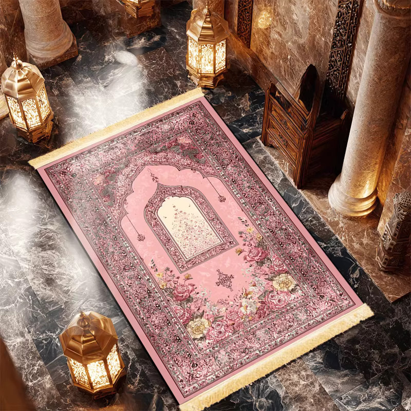 VIKAMA Gebetsteppich im Vintage-Design mit Blumen-Bogen-Muster, waschbar, Farbe: Pink - Bild 2