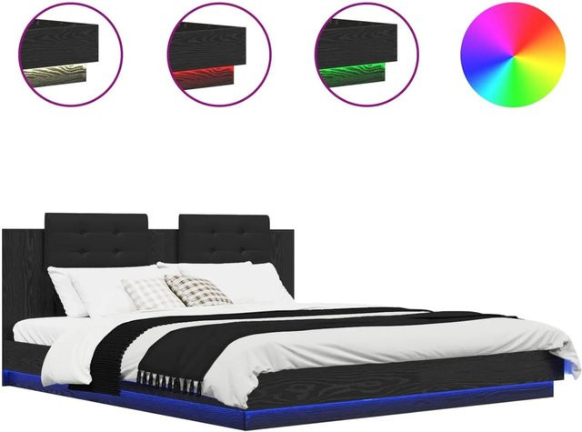 vidaXL Bettgestell mit Kopfteil in Schwarz Eichen-Optik mit USB-Ladeport und Unterbettbeleuchtung, B/T/H: 200 x 200 x 78 cm - Bild 1