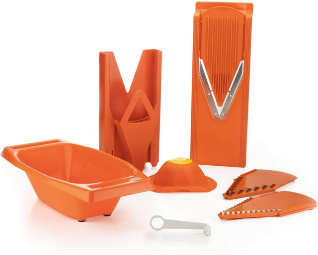 Börner Mandoline V3 Spezial 7-teiliges Set in Orange mit 5 einstellbaren Schnittstärken aus Edelstahl und BPA-freiem Kunststoff - Bild 1