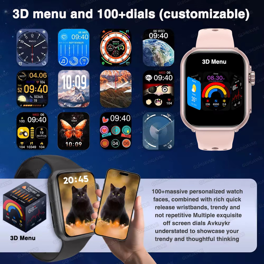 GUHUAVMI Smartwatch für iOS mit AMOLED Display, GPS, Bluetooth Anruf und wasserdichtem Design in Schwarz - Bild 5