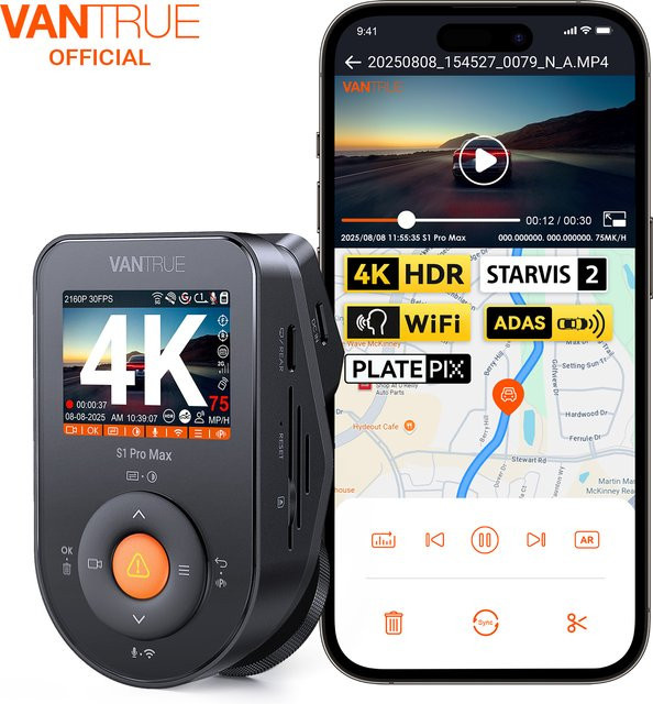 Vantrue S1 Pro Max 4K DashCam mit STARVIS 2, HDR, PlatePix Nachtsicht, 5G WiFi, ADAS und GPS, Schwarz - Bild 1