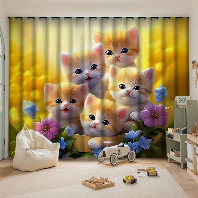 Yiran Furniture Verdunkelungsvorhänge mit Katzenmuster für Kinderzimmer, Gelb, B: 70 cm, H: 185 cm - Bild 1