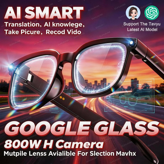 GUHUAVMI KI-Smart-Glasses mit 800W Pixel Kamera, intelligente Übersetzungsfunktion, Foto- und Videoaufnahme, wasserdichte Sonnenbrille mit 32GB Speicher, Farbe: Schwarz/Transparent - Bild 1