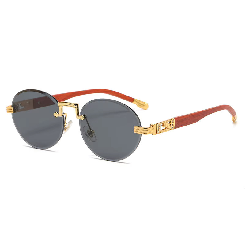 Randlose Damen-Sonnenbrille, Round, Holz, Gold, Krokodil - Bild 2