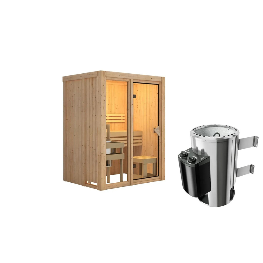 Karibu Sauna Sky 1 Naturbelassen mit 3,6 kW Ofen und integrierter Steuerung in Braun - Bild 2