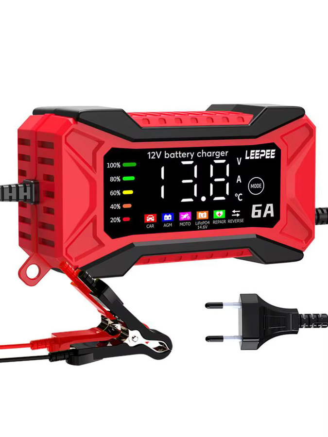 Intelligentes digitales LCD Batterie Ladegerät für SUV, Motorrad, LKW und Auto mit Puls Reparatur Funktion, 12 V, 6A, Farbe: Rot - Bild 6