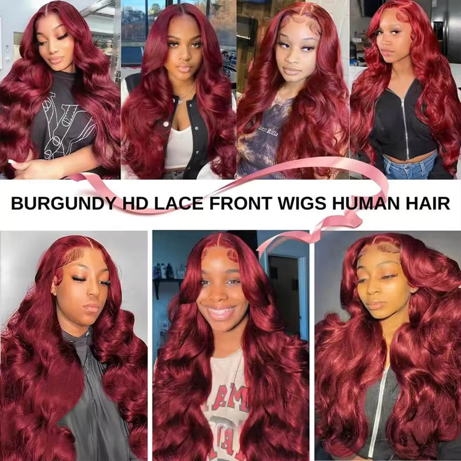 Sooolavely Echthaar-Perücke, Body Wave, Rot-Burgunder, Unisex - Bild 5
