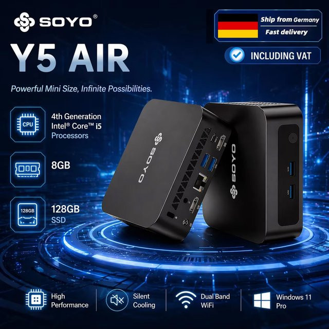 SOYO Y5 AIR Mini-PC mit Intel Core i5-4250U Prozessor, 8 GB RAM, 128 GB SSD, Windows 11 Pro, Bluetooth und WIFI5 in Schwarz - Bild 1