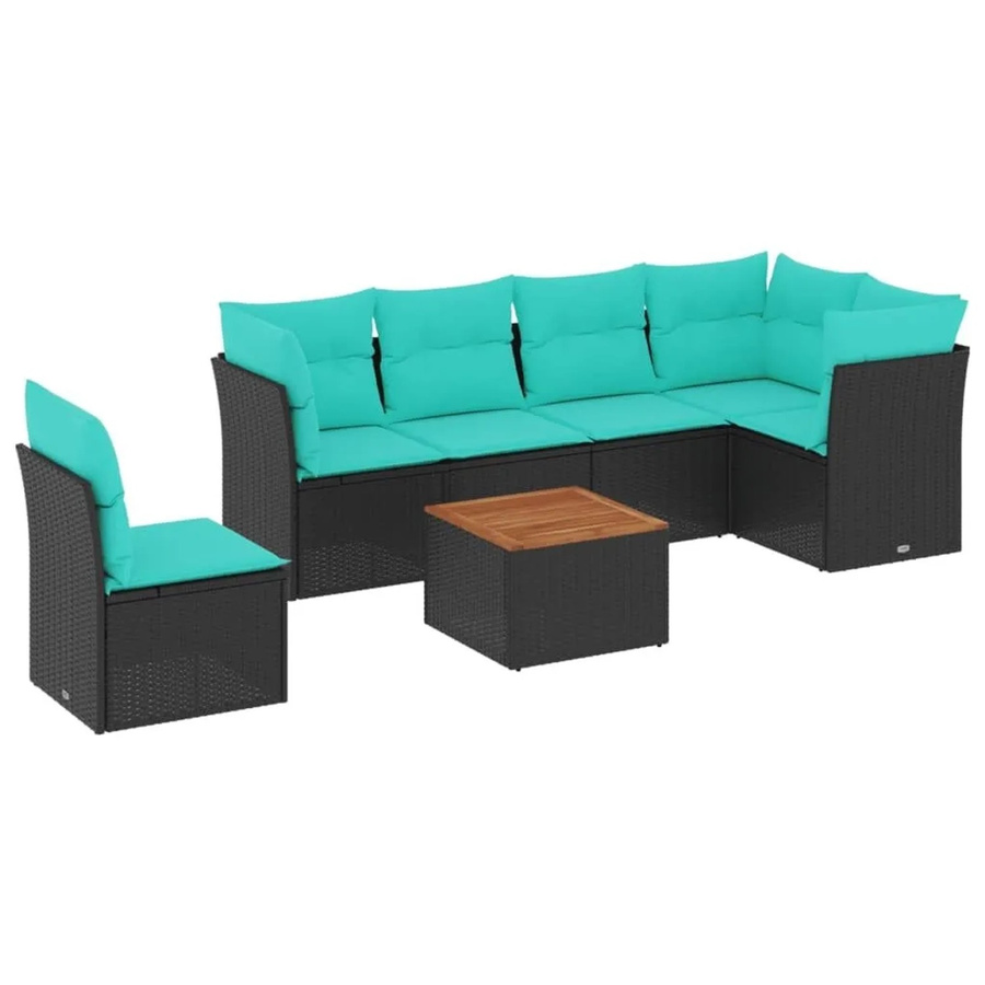 vidaXL 7-teilige Garten-Sofagarnitur aus Poly-Rattan und Akazienholz in Schwarz mit Kissen - Bild 1