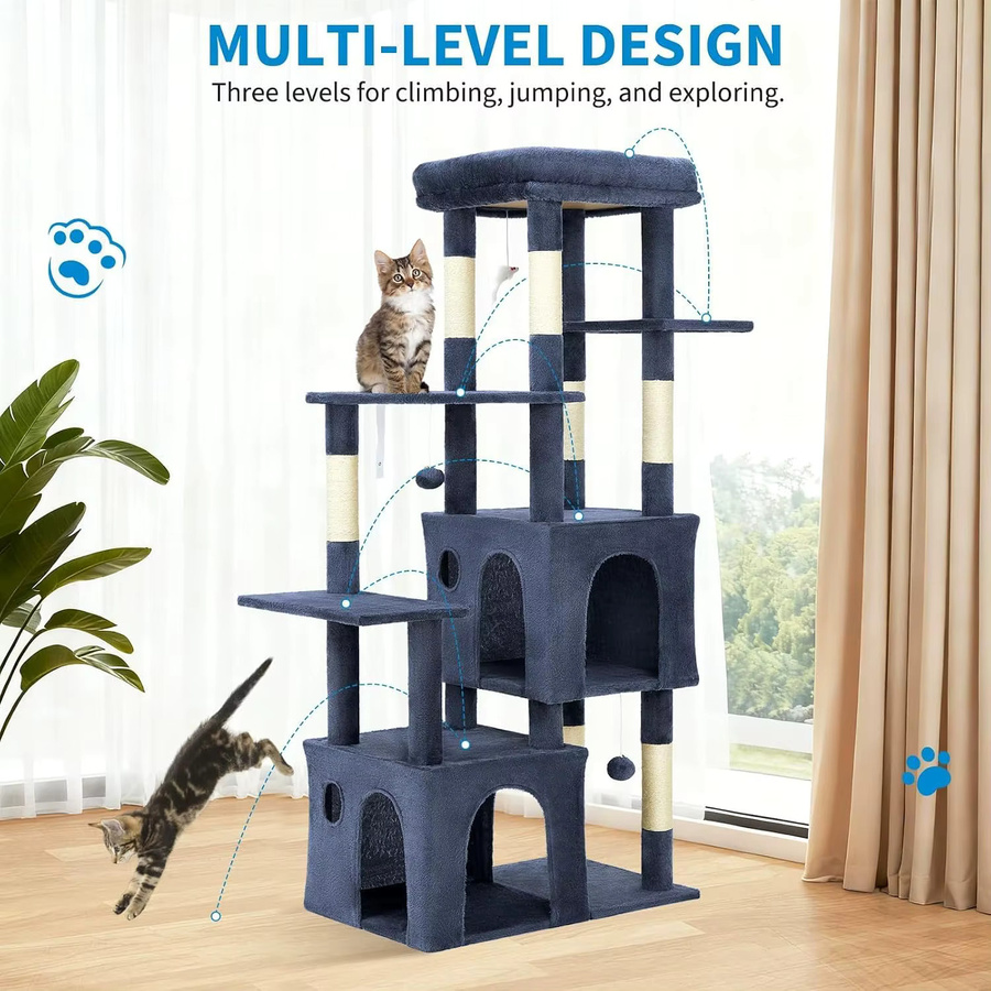 Garvee Katzenkletterbaum Blau, 150 cm hoher Mehrstufiger Kratzbaum für große Wohnungskatzen mit 7 Sisal-Kratzstämmen, 2 Höhlen, 4 Liegeflächen und 2 interaktiven Spielbällen - Bild 3