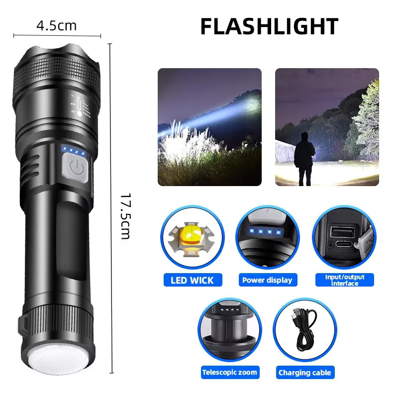 XIWANGFIRE Taktische LED-Taschenlampe mit XHP70-LED, 5000 lm, Schwarz, mit wiederaufladbarem 18650-Akku und Teleskop-Zoom - Bild 5